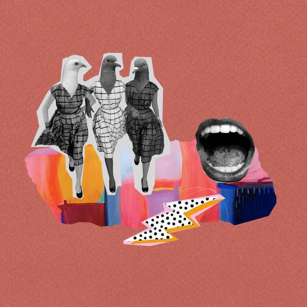 Colourful collage including a polka dot zigzag, three women walking arm in arm and a mouth that is wide open.