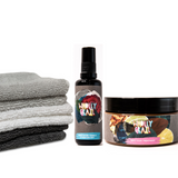 Image of face towels, pure rose water and soft clay treatment tub on a white background