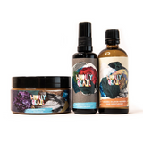 Image of 3 products in skin food bundle: from left to right, concentrated face wash, Pure rose water, organic jojoba moisturiser, all on white background