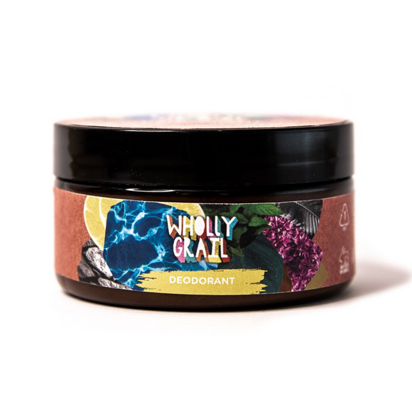 image of natural Whollygrail deodorant tub featuring collage label on a white background