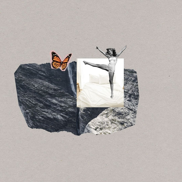 collage with natural materials like stone and organic cotton sheets, woman kicking her leg up and a butterfly