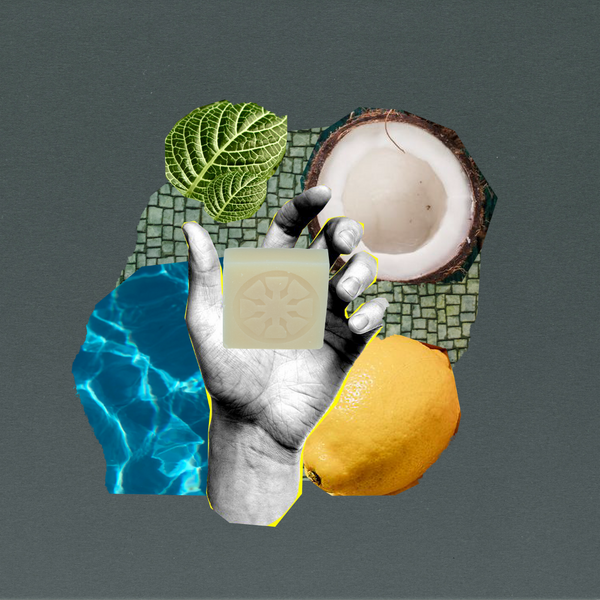 collage of coconut, water, textural strips, mosaic and a hand with soap