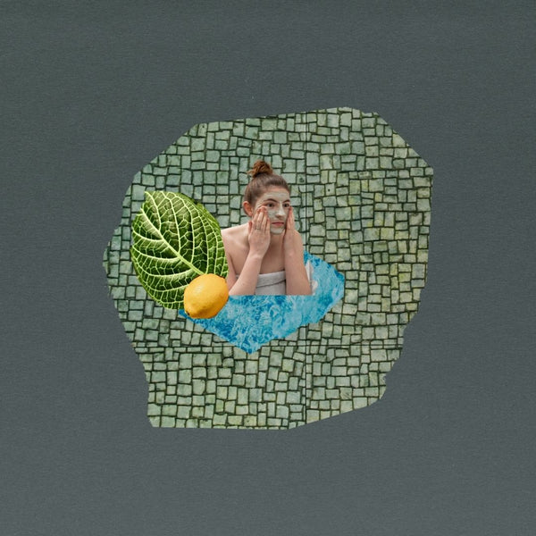 Collage with layered green background and tiled in front, overlaid with cut outs of herbs, a lemon, shimmering blue water and a lady in a face mask with her hands to her face