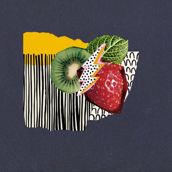 Collage with black and white repeating patterns, and pieces of fruit with ripped, cut out edges randomly placed on a dark navy background. 