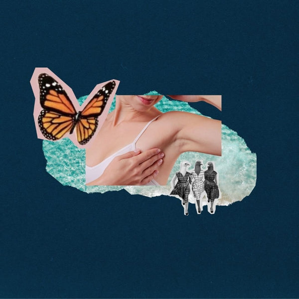 collage without lady's armpit, retro style women walking together, a large butterfly with water images behind and a navy background.